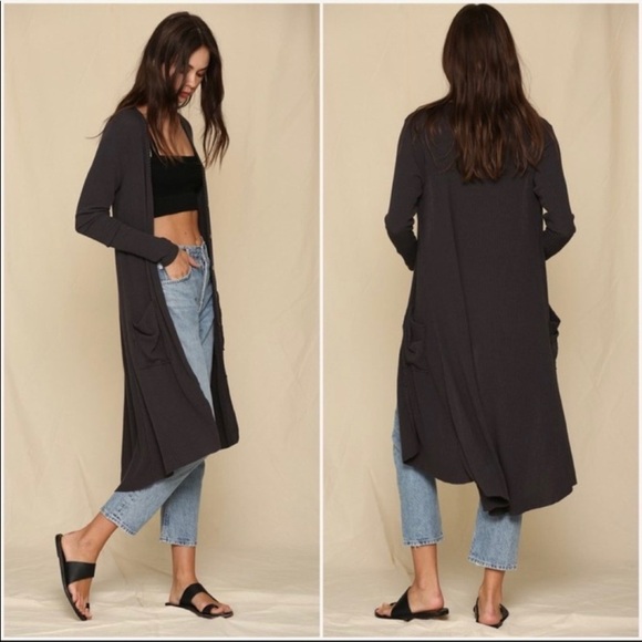 Charcoal Knit Rib Button Down Duster - Picture 2 of 7